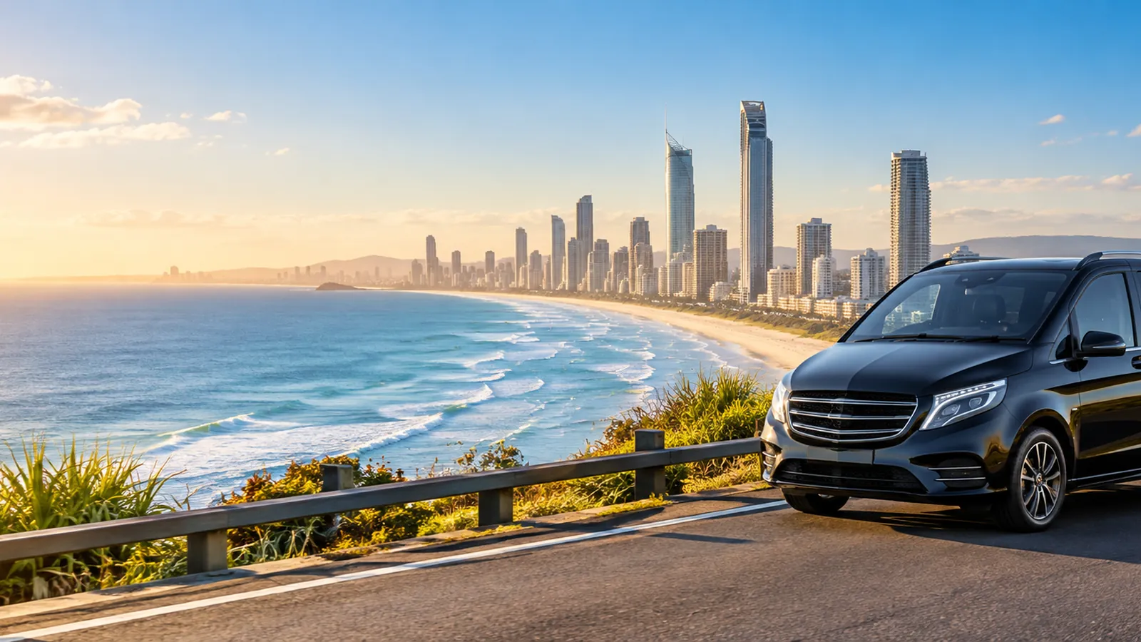 Gold Coast airport transfers with EzyTransfers private transfer vehicle overlooking the Gold Coast coastline